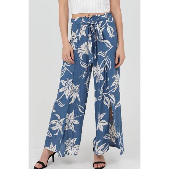Angie Split Leg Palazzo Pants πΊ Blue Floral Boho Wide Leg | Small | Rayon - Picture 3 of 8